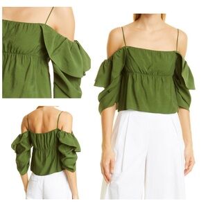 Vince Womens Cold Shoulder Ruffle Sleeve Top Green Size Medium